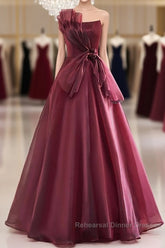 Charming And Elegant Wine Red Sleeveless Off Shoulder Ball Dress, Wine Red A-Shaped Princess Strapless Butterfly Tie With Backless Strap And Ground Length Semi Formal Prom Dress